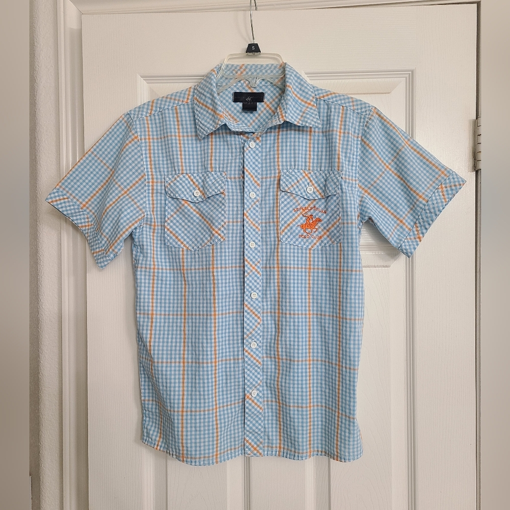 Beverly Hills Polo Club Checkered Shirt in Blue and Orange. Youth L(16/18).